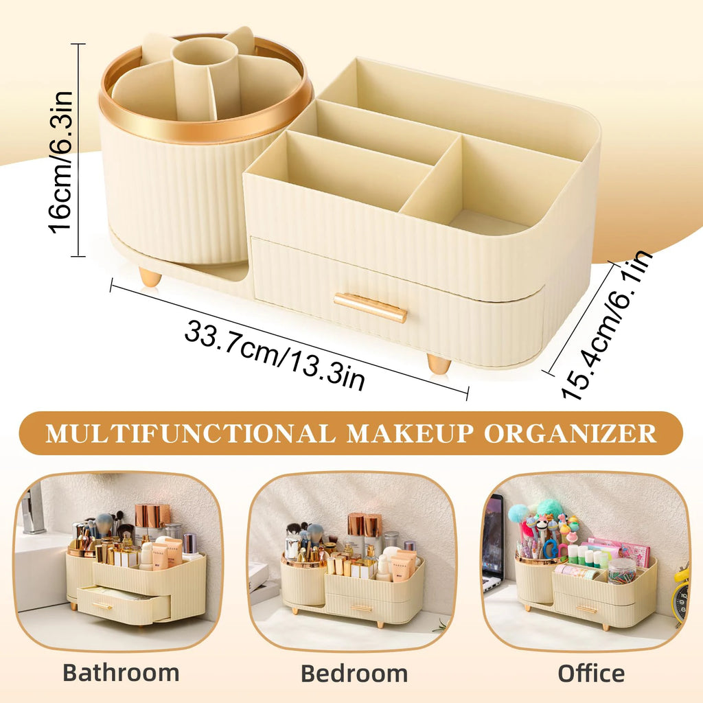 Makeup Brush Holder Large Capacity Skincare Organizer Makeup Organizer Countertop with Drawers 360 Rotating for Vanity Desk NEW