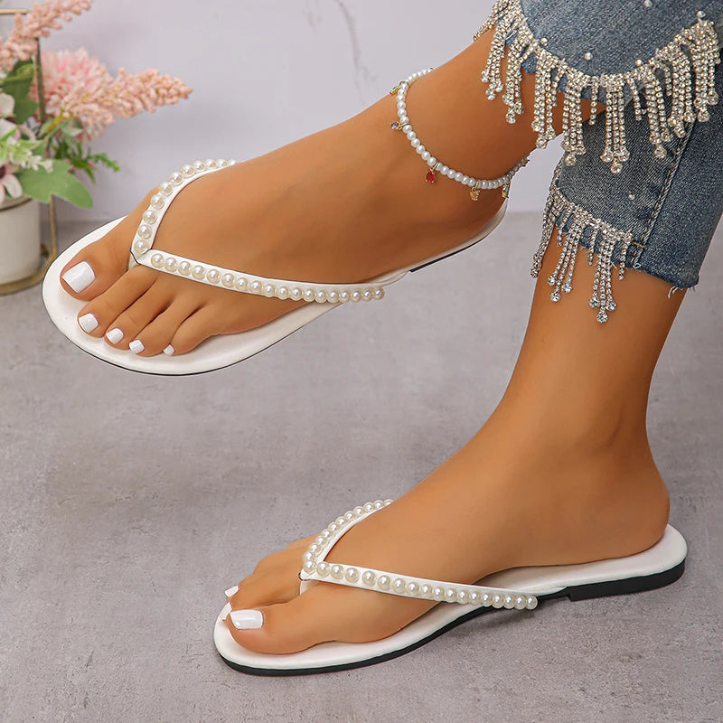 Fashion Pearls Beach Flip Flops for Women 2025 Summer Clip Toe Flat Slides Sandals Woman Comfortable Non Slip Outdoor Slippers