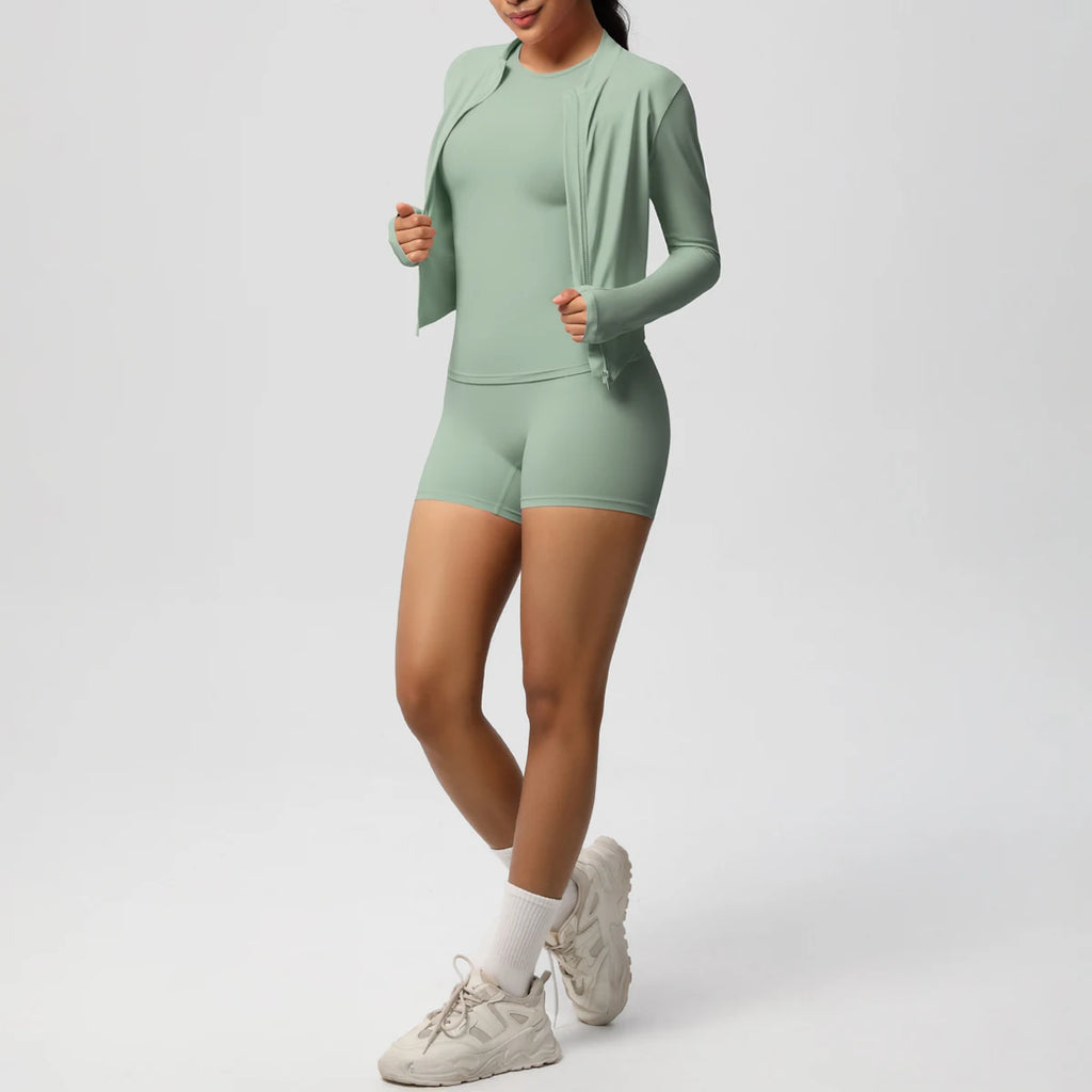3PCS/set Sports Fitness Clothing Yoga Set Sports Running Long Sleeves Zipper Jacket High Waist Quick-Dry Shorts Gym Yoga Set