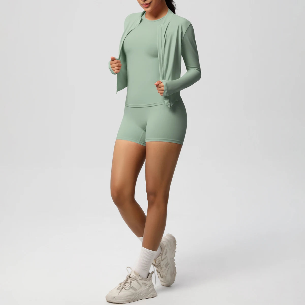 3PCS/set Sports Fitness Clothing Yoga Set Sports Running Long Sleeves Zipper Jacket High Waist Quick-Dry Shorts Gym Yoga Set