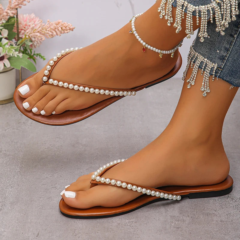 Fashion Pearls Beach Flip Flops for Women 2025 Summer Clip Toe Flat Slides Sandals Woman Comfortable Non Slip Outdoor Slippers