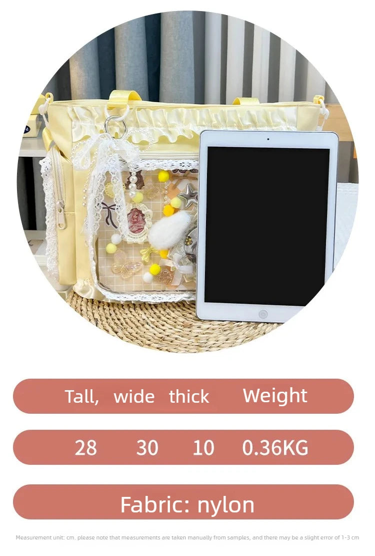 Y2K Sweet Ita Bag for Women Transparent Crossbody Shoulder Bag Large Capacity Lace Tote Bag Cute DIY Display Handbag