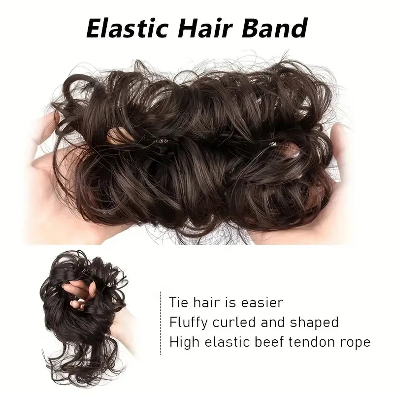 Synthetic Elegant Messy Curly Elastic Rubber Band Hair Bun Fluffy Easy to Style Suitable for Daily Use\'\[]\