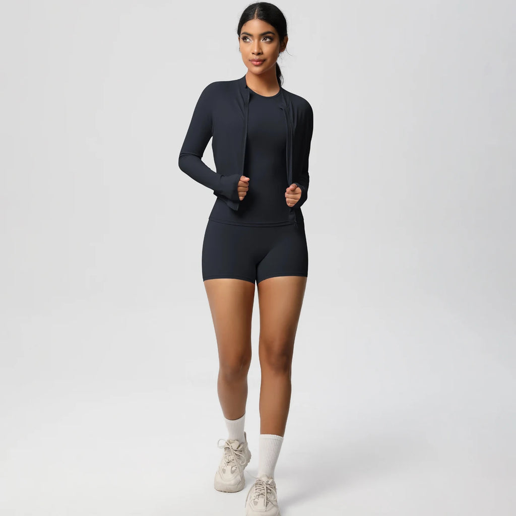 3PCS/set Sports Fitness Clothing Yoga Set Sports Running Long Sleeves Zipper Jacket High Waist Quick-Dry Shorts Gym Yoga Set