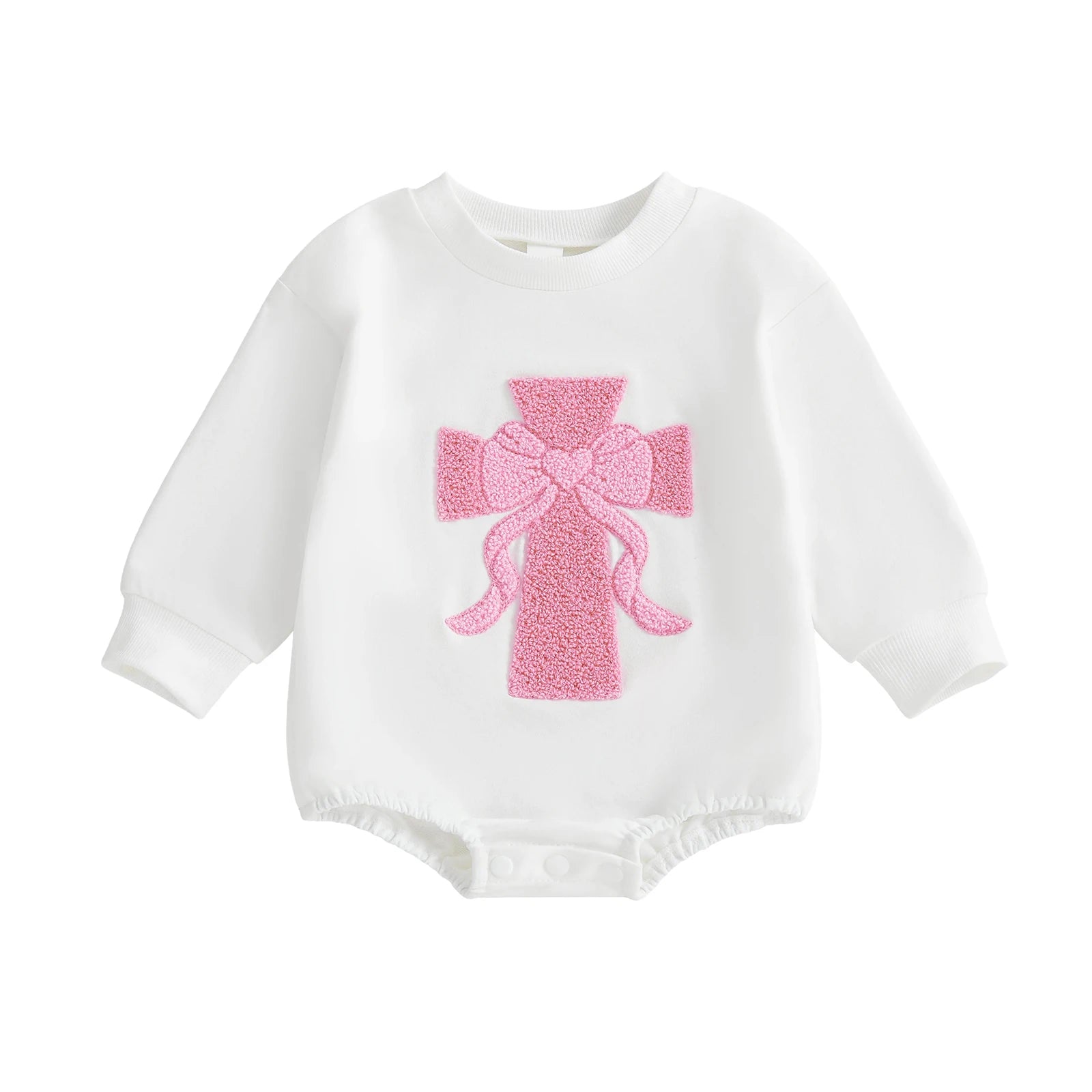 Infant Girl Fall Sweater Jumpsuit with Long Sleeves and O Neckline Adorned with Bow and Cross Embroidery