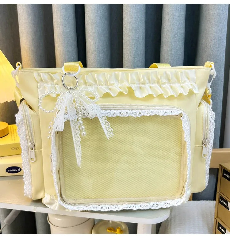 Y2K Sweet Ita Bag for Women Transparent Crossbody Shoulder Bag Large Capacity Lace Tote Bag Cute DIY Display Handbag