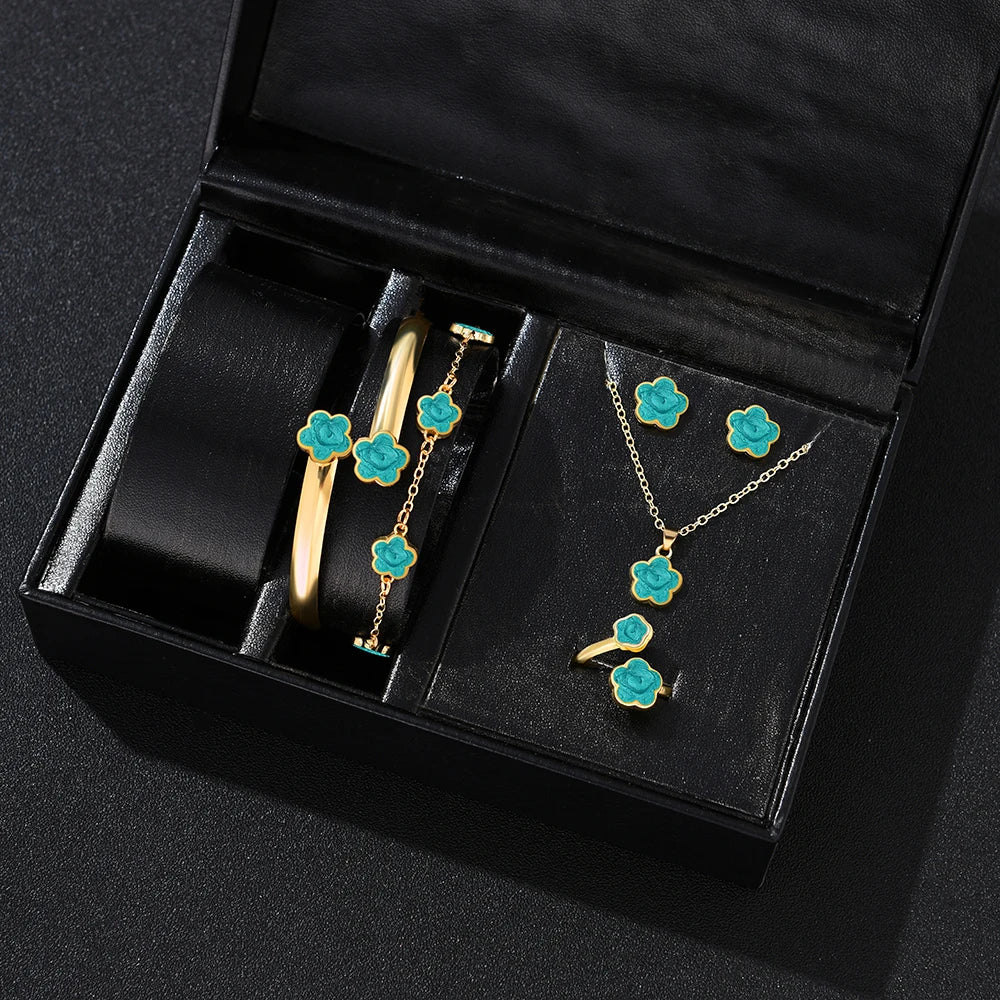 5pcs Lucky Five-petal Flower Women's Jewelry Set, Fashion Flower Bracelet + Necklace + Earrings + Bracelet + Ring, Birthday, Ann