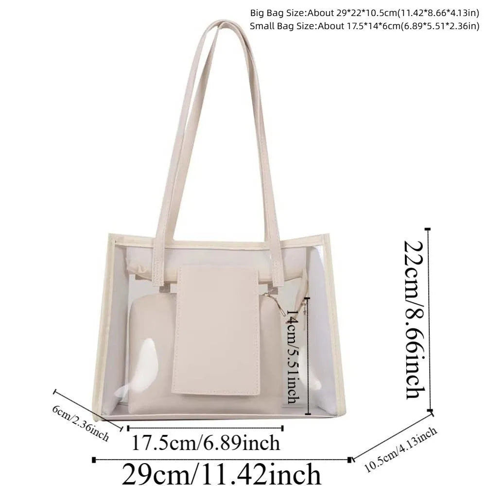 2pcs/set Elegant Transparent Jelly Bag Large Capacity Candy Color PVC Composite Tote Bags Storage Pouch PU Leather Handbag Women