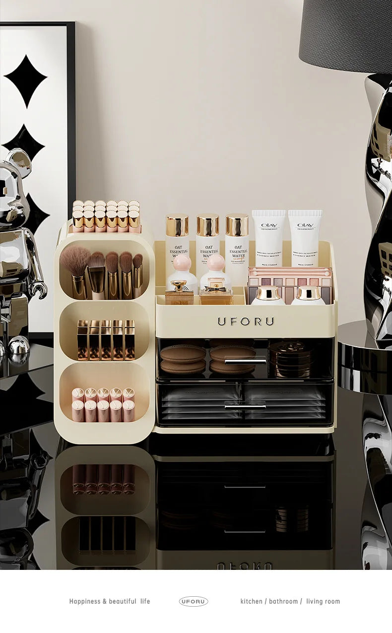 2 Drawers Makeup Organizer with Brush Holder Spacious Vanity Countertop Case for Skincare Perfumes Eyeshadow Palettes