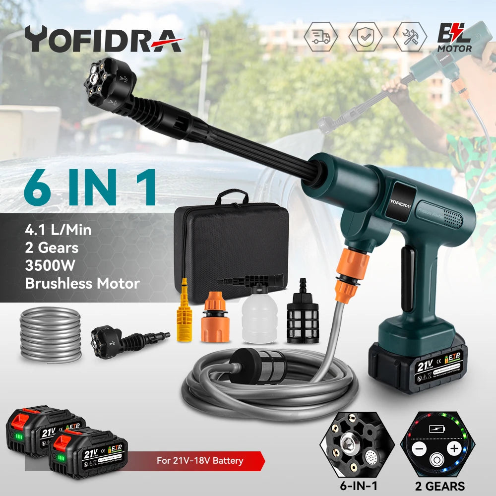 YOFIDRA 200Bar Brushless Electric High Pressure Washer Water Gun 6IN1 Cordless Car Washer Cleaning Garden For Makita Battery Pin