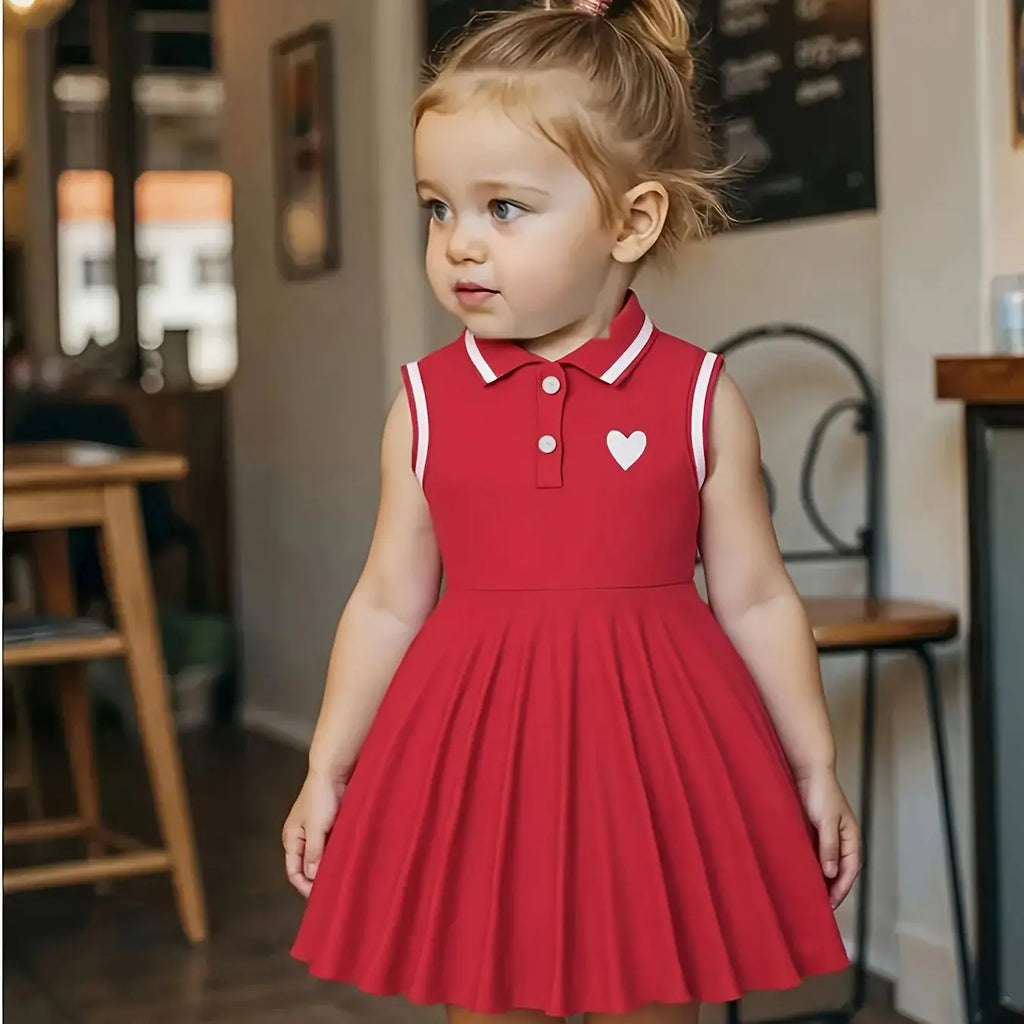 Vintage Red Sleeveless Polo Collar Dress - Heart Accent Pleated Skirt Girls Sweet Preppy Style Outfit