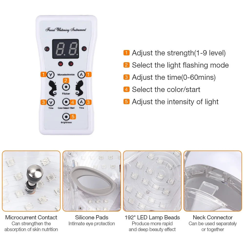 LED Facial Mask with Neck 7 Colors Light Therapy Red Light Facial Mask for Anti-Aging Photon Therapy Whitening Tightening