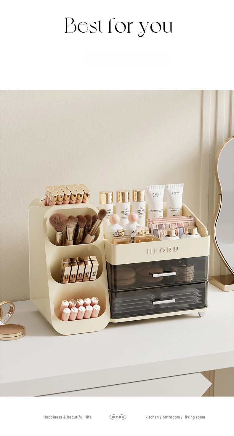 2 Drawers Makeup Organizer with Brush Holder Spacious Vanity Countertop Case for Skincare Perfumes Eyeshadow Palettes