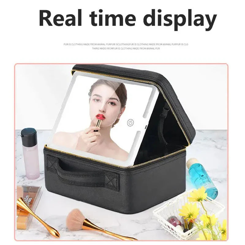 Smart 3 Color LED Travel Train Cosmetic Case Light And Mirror Makeup Bag Female Beautician Skincare Makeup Case For Women