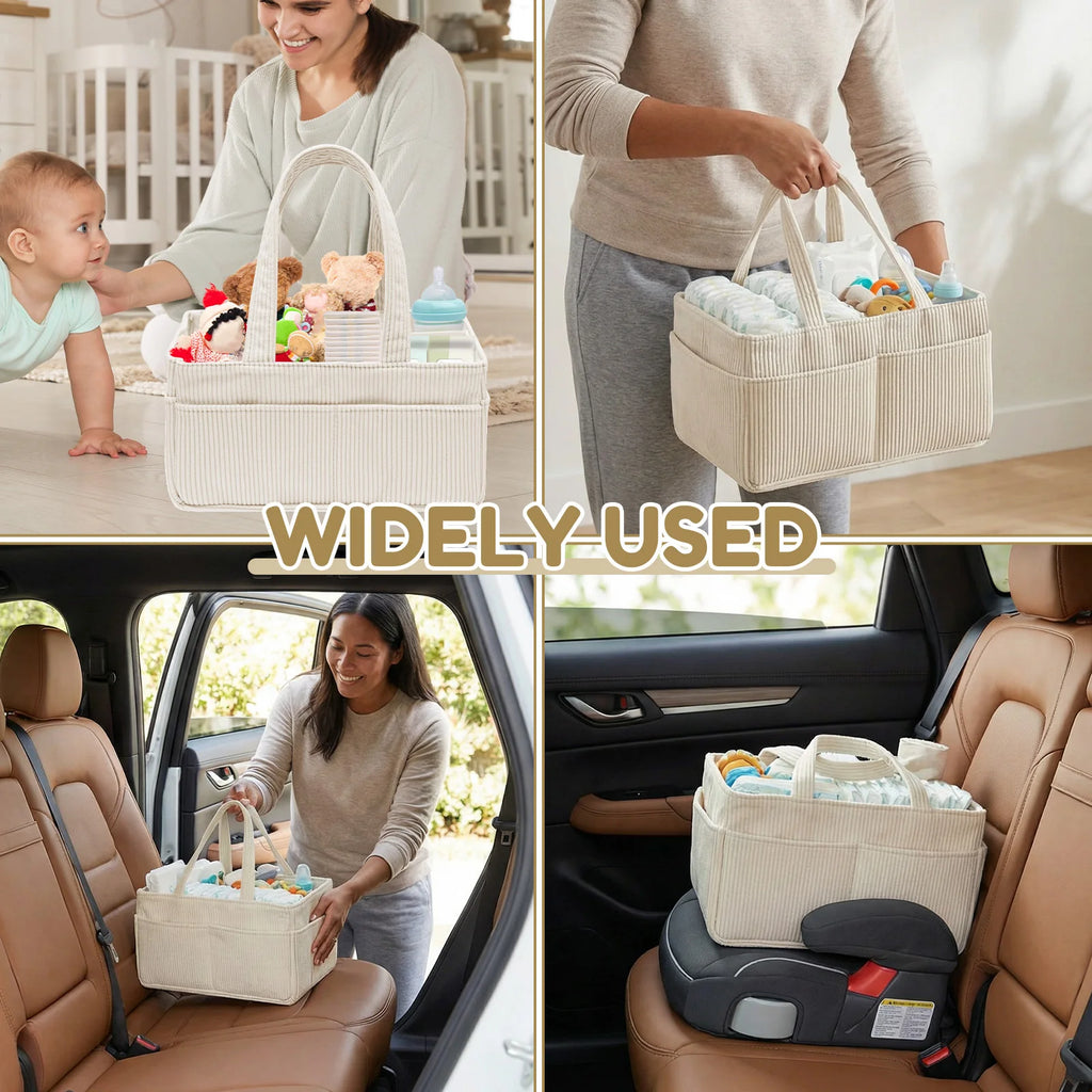 Baby Diaper Caddy Organizer Corduroy Diaper Storage Basket with Handle Foldable Multi-pocket Newborn Nappy Storage Organizer