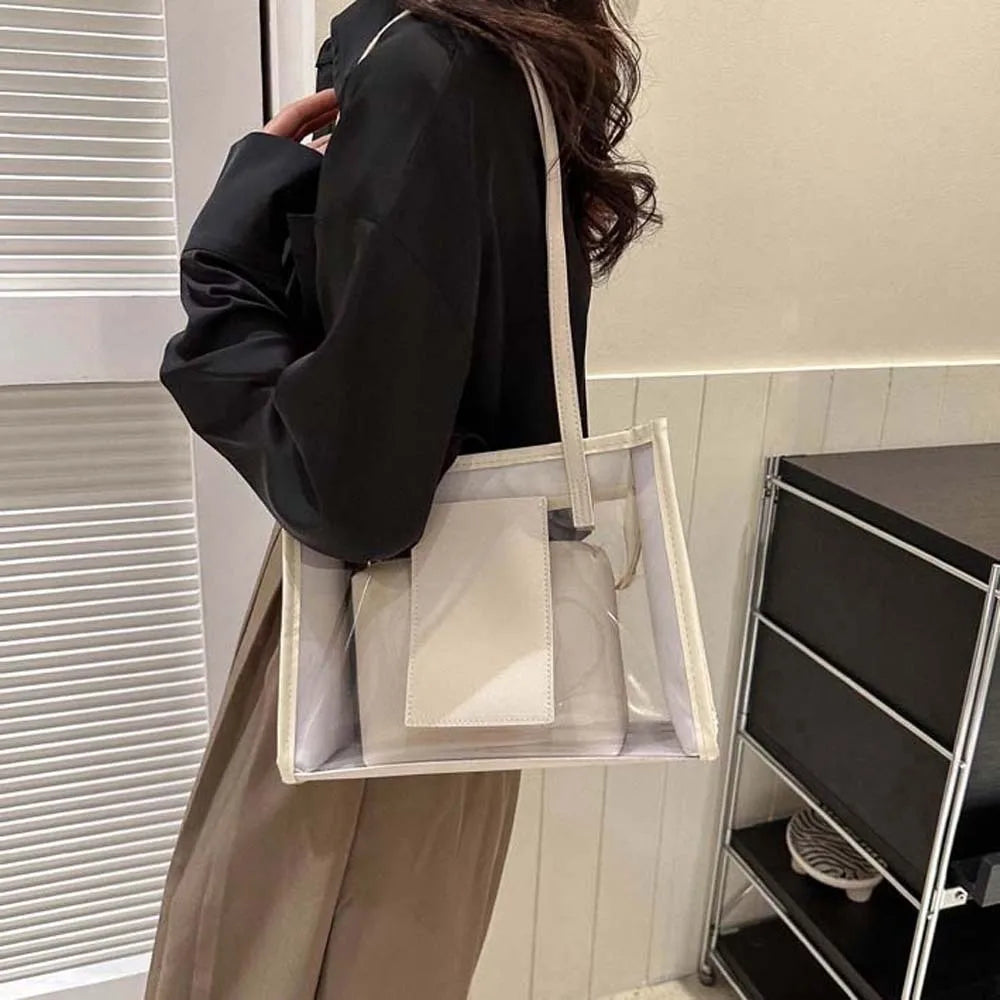 2pcs/set Elegant Transparent Jelly Bag Large Capacity Candy Color PVC Composite Tote Bags Storage Pouch PU Leather Handbag Women