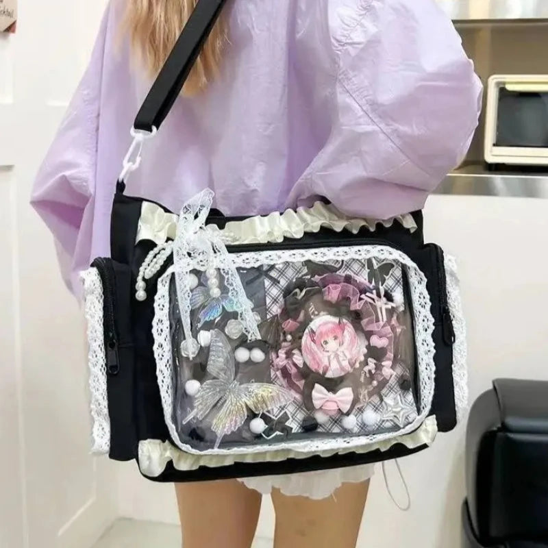 Y2K Sweet Ita Bag for Women Transparent Crossbody Shoulder Bag Large Capacity Lace Tote Bag Cute DIY Display Handbag