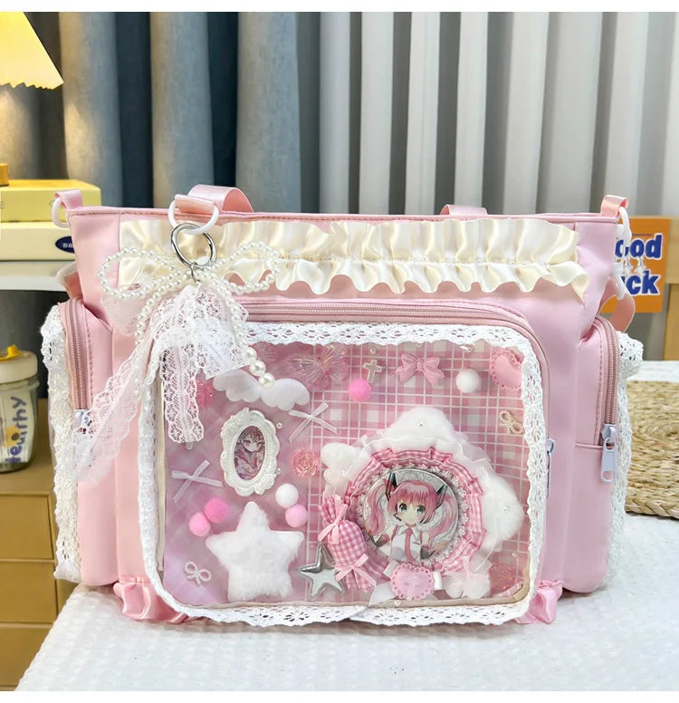 Y2K Sweet Ita Bag for Women Transparent Crossbody Shoulder Bag Large Capacity Lace Tote Bag Cute DIY Display Handbag