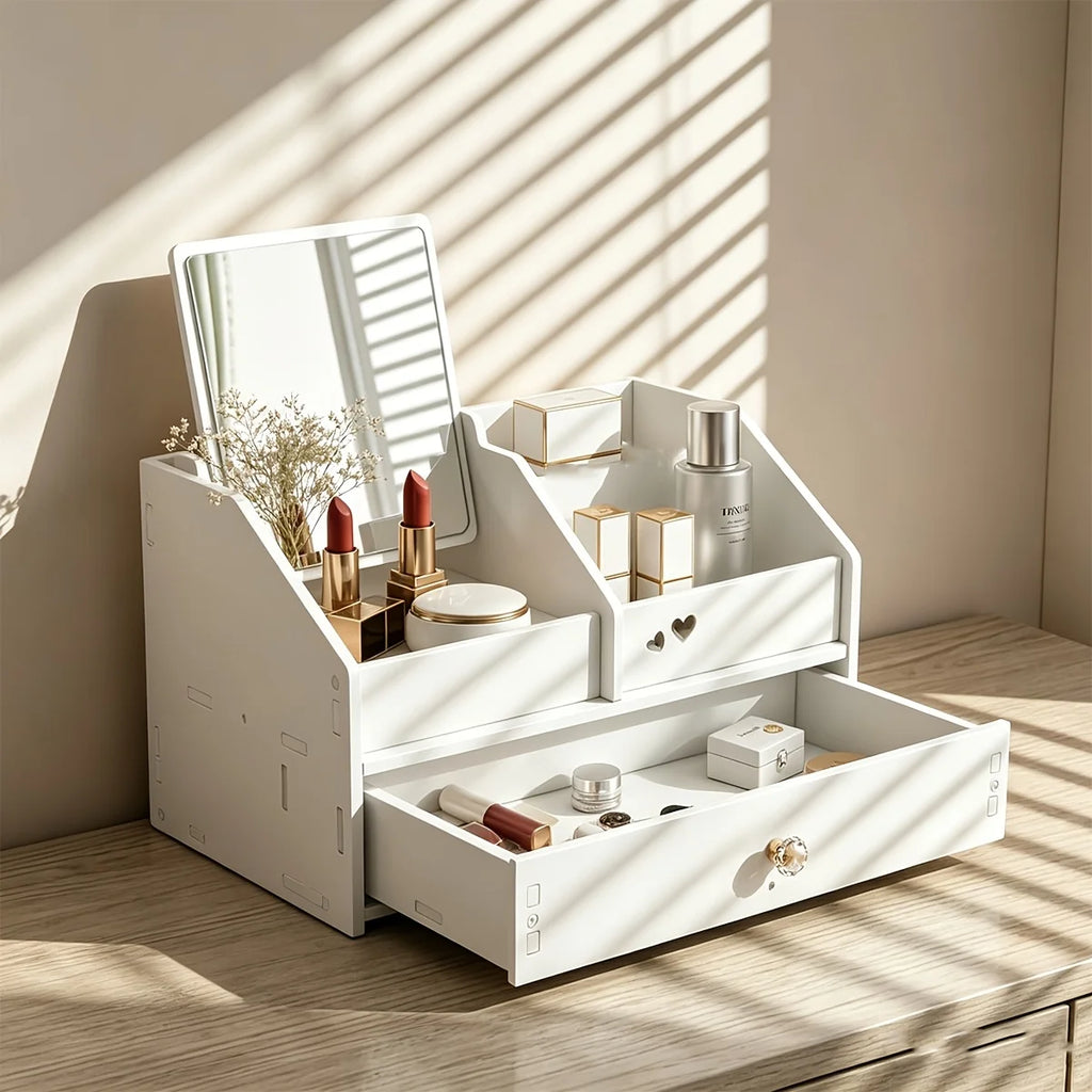 White Makeup Organizer with Mirror & Drawer, Multi-Compartment Cosmetic Storage for Vanity
