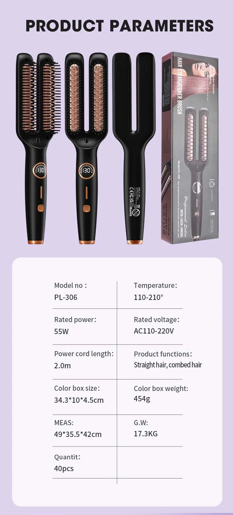 Professional Electric Hair Straightener  Multifunctional 2 In 1 Curler Brush Ceramic Hair Straightener Curling Irons Hot Comb﻿