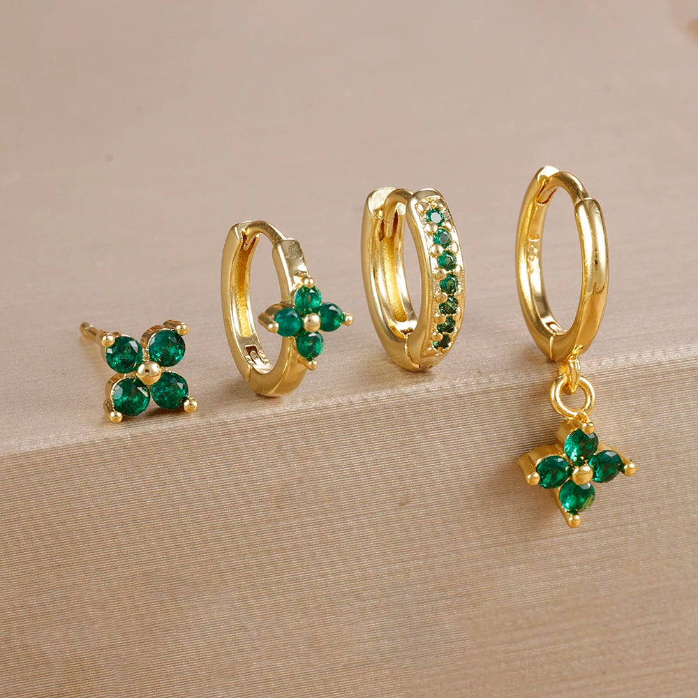 4pcs Fashion Cubic Zirconia Flower Hoop Earrings Set 18K Gold Plated Stainless Steel Stud Earring Piercing Jewelry aretes mujer