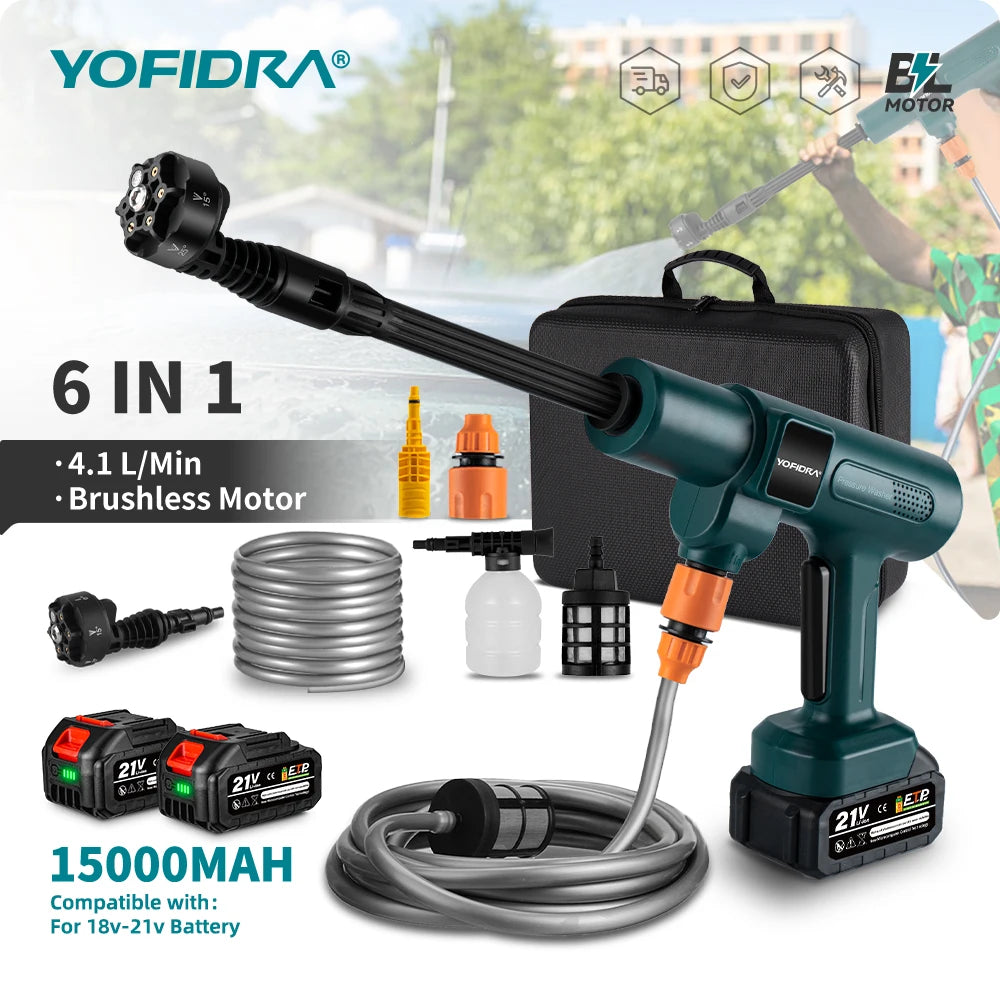 YOFIDRA Brushless 200Bar Car Washer Electric High Pressure Washer Water Gun 6IN1 Cordless Cleaning Garden For Makita Battery Pin