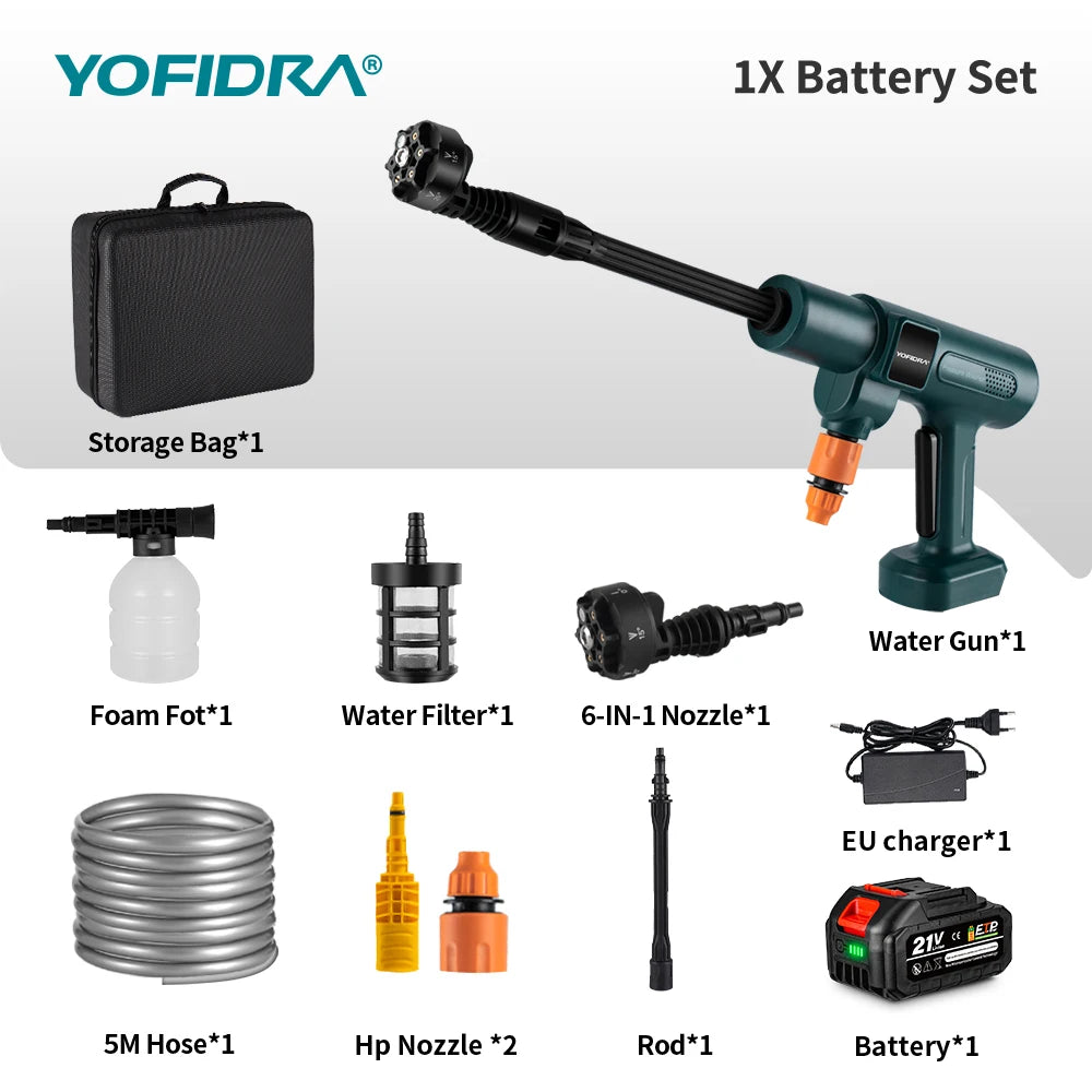 YOFIDRA Brushless 200Bar Car Washer Electric High Pressure Washer Water Gun 6IN1 Cordless Cleaning Garden For Makita Battery Pin