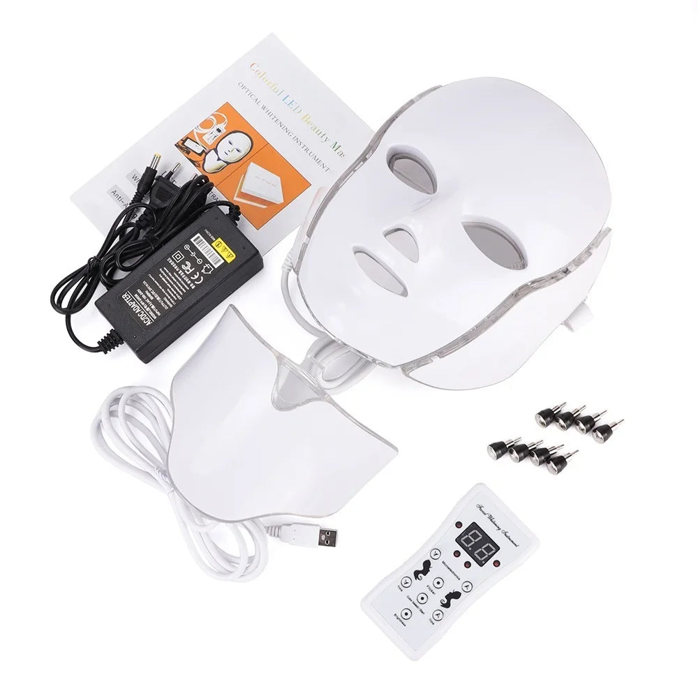 LED Facial Mask with Neck 7 Colors Light Therapy Red Light Facial Mask for Anti-Aging Photon Therapy Whitening Tightening