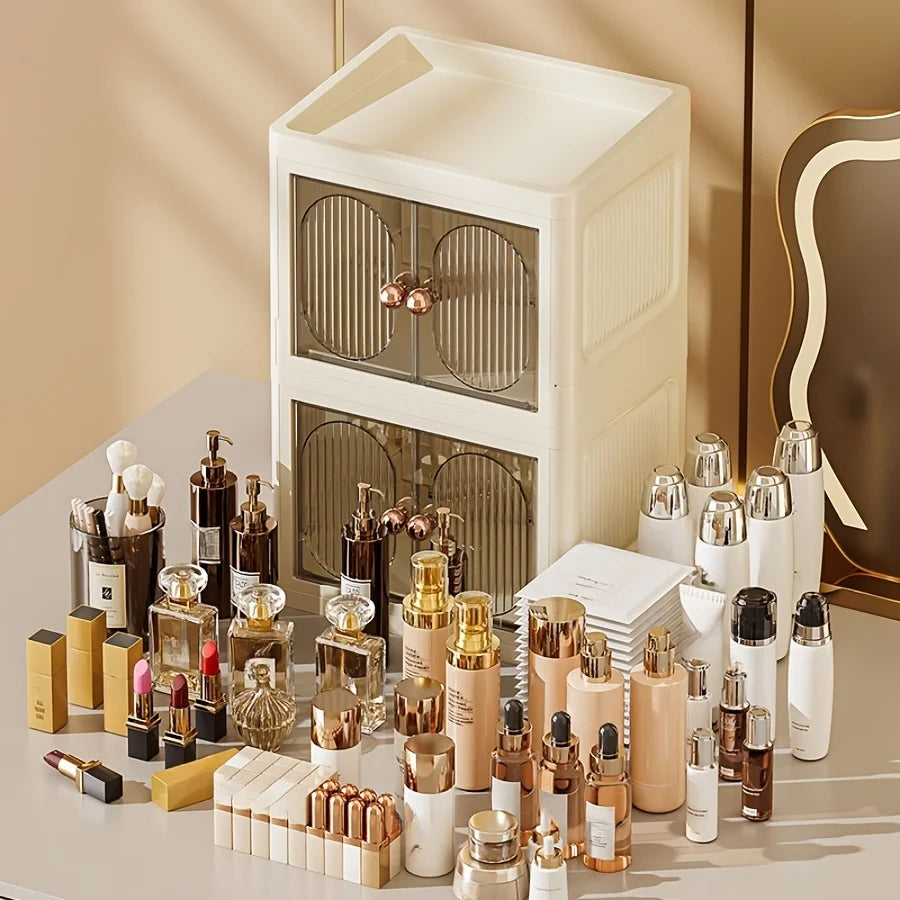 3 to 4-Tier Foldable Makeup Organizer with Drawer Function— Provides Spacious Storage for Cosmetics, Jewelry, Perfume, Lipstick, Makeup Brushes, Stationery, and Bathroom Supplies— Easy to Assemble, Compact Design Suitable