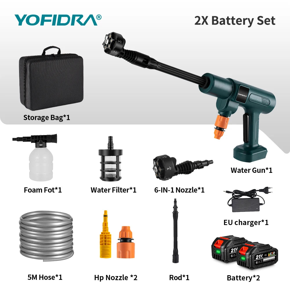 YOFIDRA Brushless 200Bar Car Washer Electric High Pressure Washer Water Gun 6IN1 Cordless Cleaning Garden For Makita Battery Pin