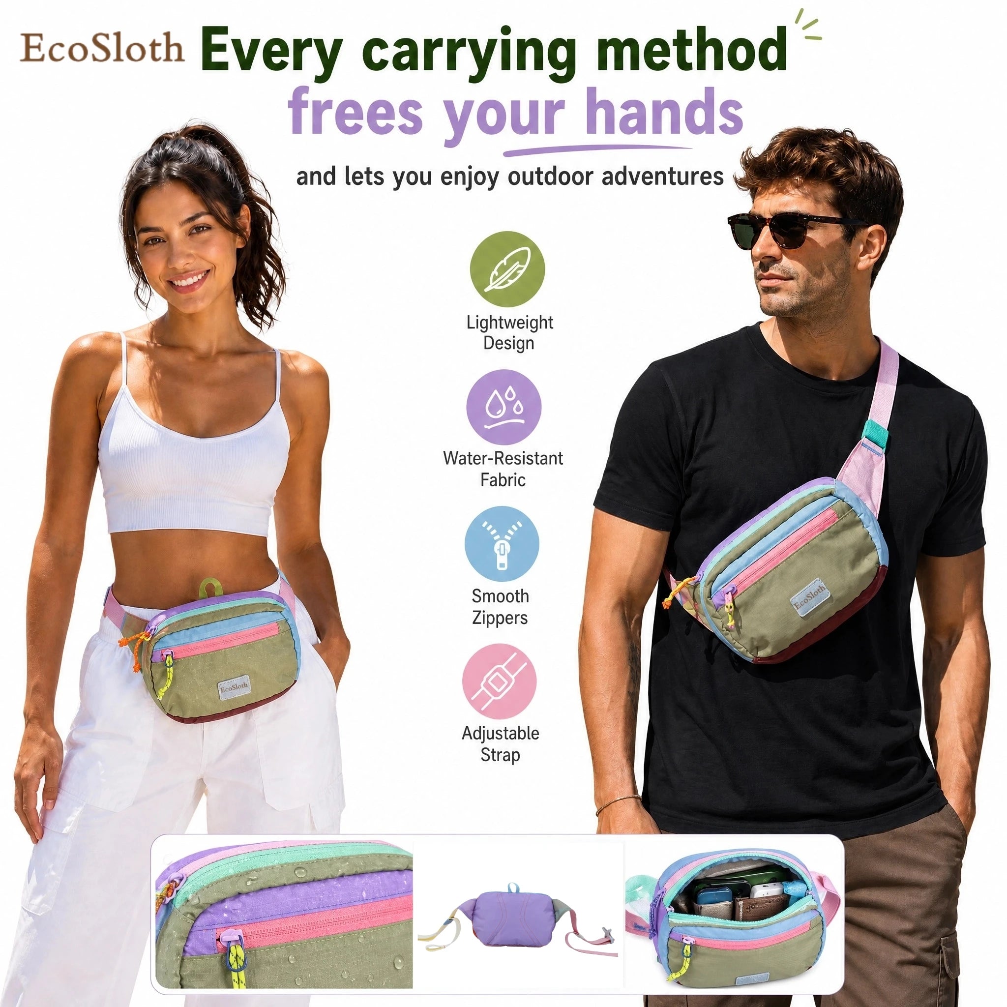 EcoSloth Random Foldable Waist Pack and Outdoor Water-resistant Fanny Packs for Women Men Crossbody Bags for Running Hiking Work
