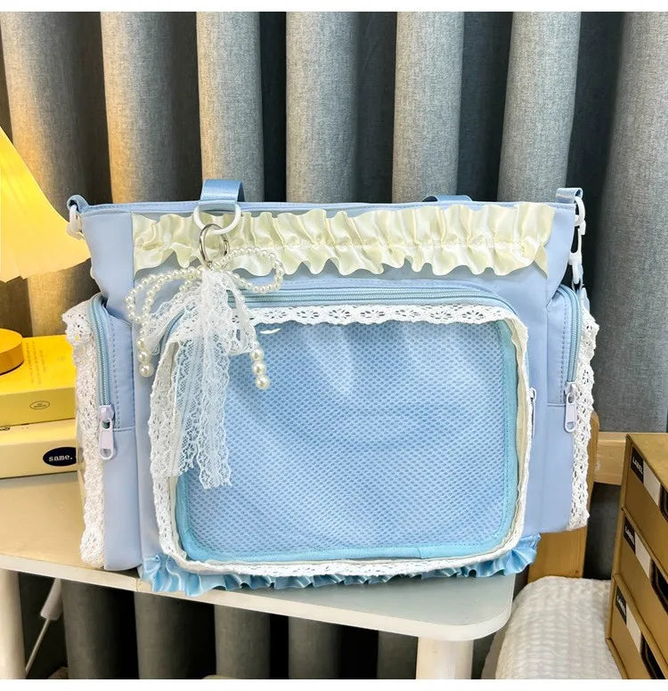 Y2K Sweet Ita Bag for Women Transparent Crossbody Shoulder Bag Large Capacity Lace Tote Bag Cute DIY Display Handbag