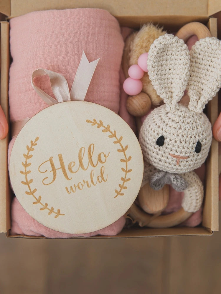 Double-sided Cotton Bath Towel Baby Bath Set Gift Box Wooden Wool Brush, Cartoon Rabbit Crochet Bell Baby Milestone Photo Props