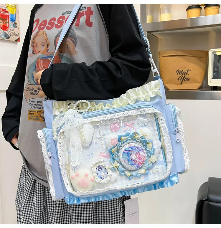 Y2K Sweet Ita Bag for Women Transparent Crossbody Shoulder Bag Large Capacity Lace Tote Bag Cute DIY Display Handbag