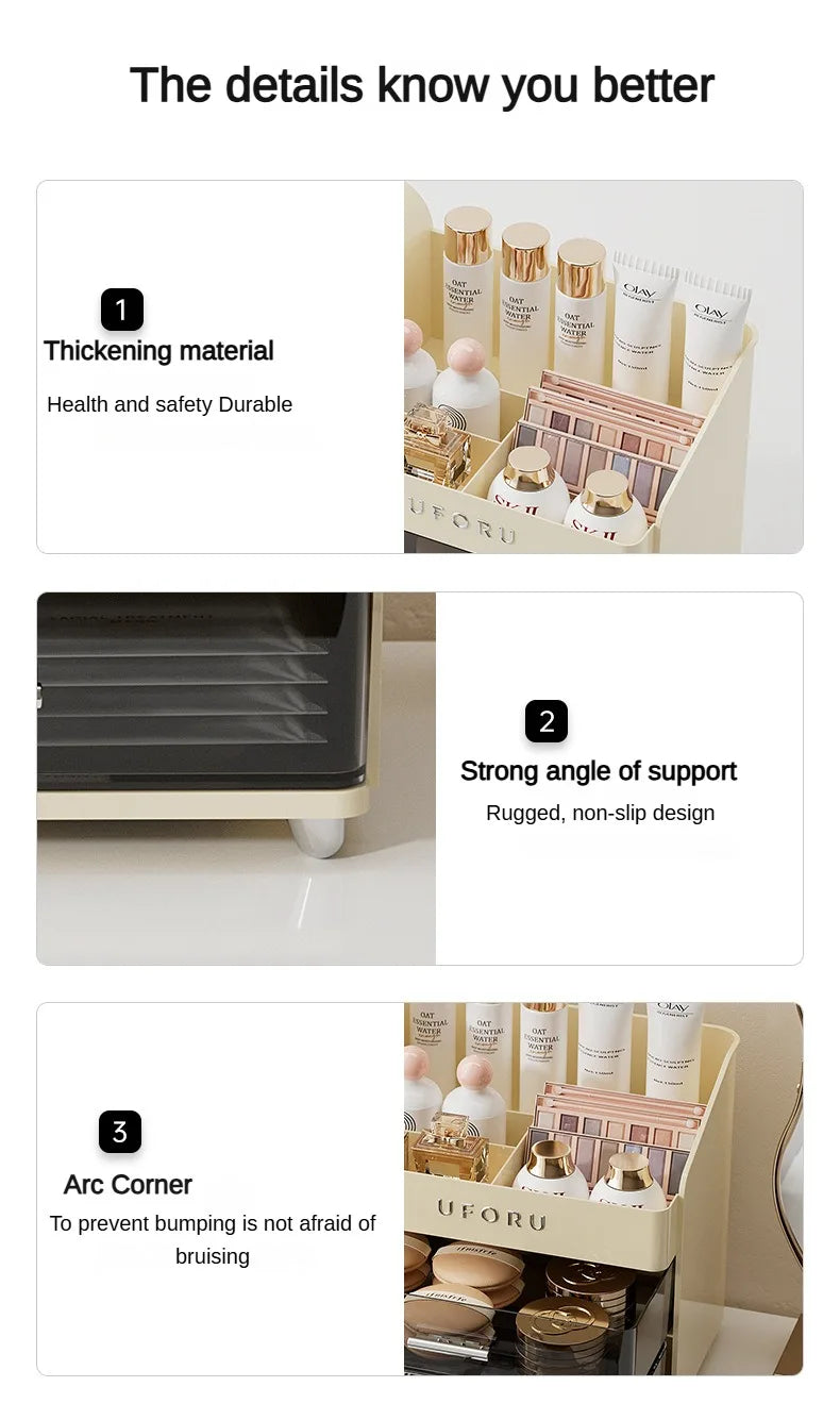 2 Drawers Makeup Organizer with Brush Holder Spacious Vanity Countertop Case for Skincare Perfumes Eyeshadow Palettes