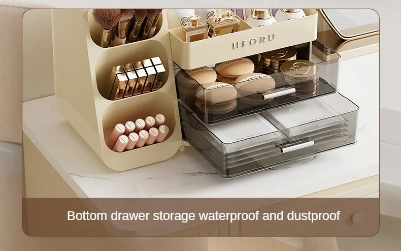 2 Drawers Makeup Organizer with Brush Holder Spacious Vanity Countertop Case for Skincare Perfumes Eyeshadow Palettes