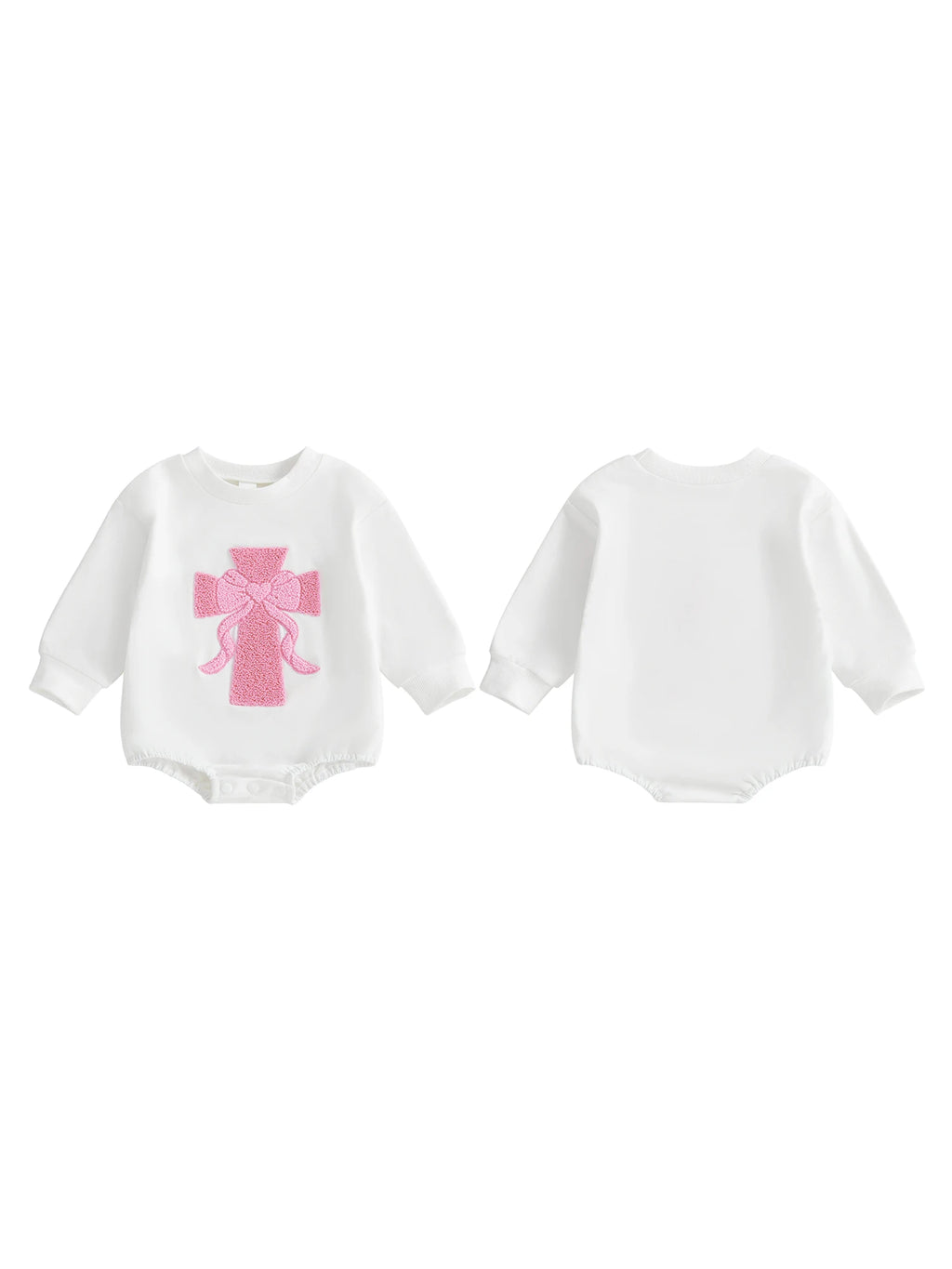 Infant Girl Fall Sweater Jumpsuit with Long Sleeves and O Neckline Adorned with Bow and Cross Embroidery