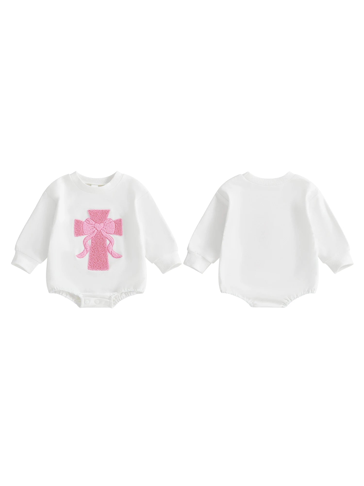 Infant Girl Fall Sweater Jumpsuit with Long Sleeves and O Neckline Adorned with Bow and Cross Embroidery