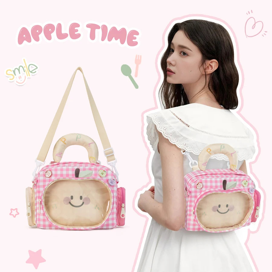 Kabaqoo Cute Apple Ita Bag For Women Y2K Versatile Crossbody Bag PU Leather Shoulder Bag Handbag with Mesh Insert Pad Sweet Handbag Backpack