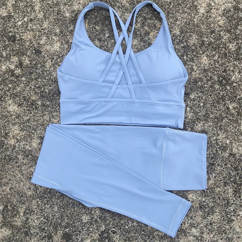 Yoga Set Gym Sports Set 2 Piece Women Workout Outfit Fitness Suit Cross Straps Bra Top And High Waist Leggings Running Tracksuit