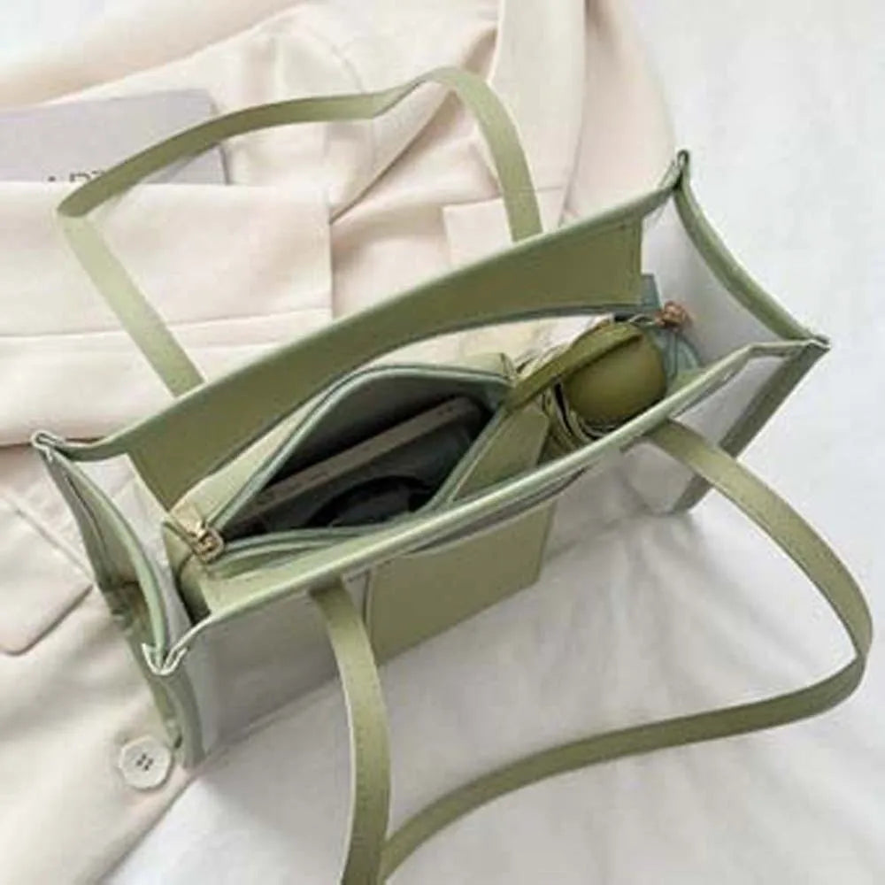 2pcs/set Elegant Transparent Jelly Bag Large Capacity Candy Color PVC Composite Tote Bags Storage Pouch PU Leather Handbag Women