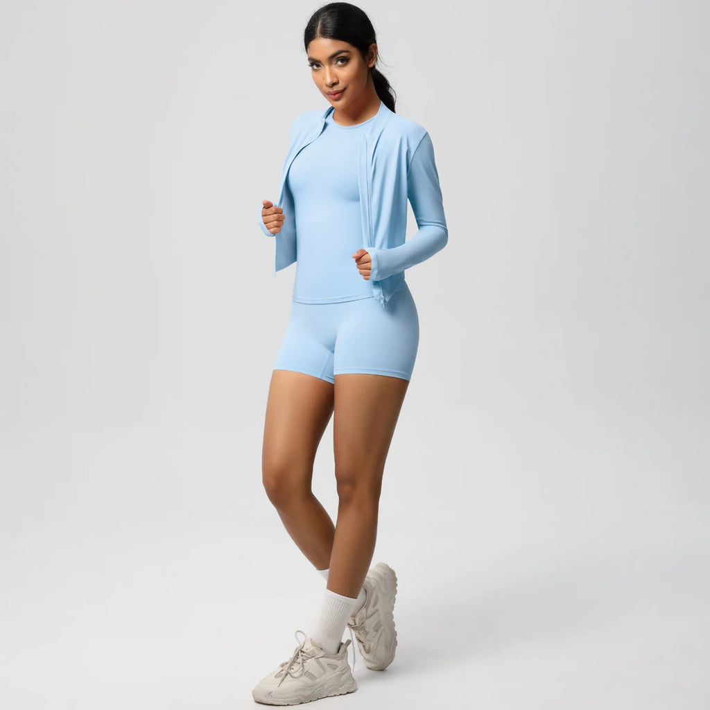 3PCS/set Sports Fitness Clothing Yoga Set Sports Running Long Sleeves Zipper Jacket High Waist Quick-Dry Shorts Gym Yoga Set