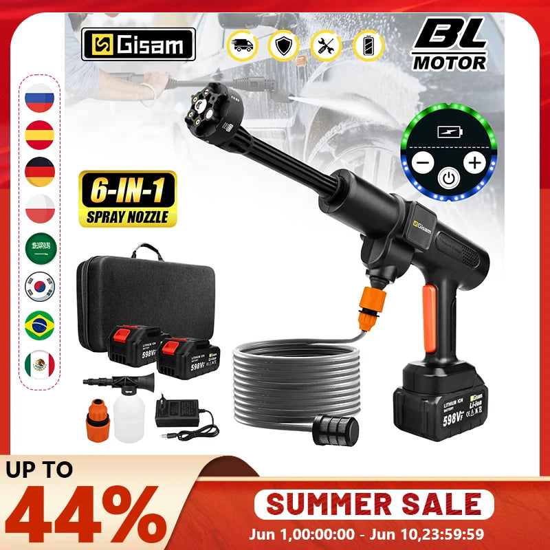 Gisam 200Bar Brushless Electric High Pressure Washer 6IN1 Car Wash Water Gun Garden Spray Gun Power Tool for Makita 18V Battery