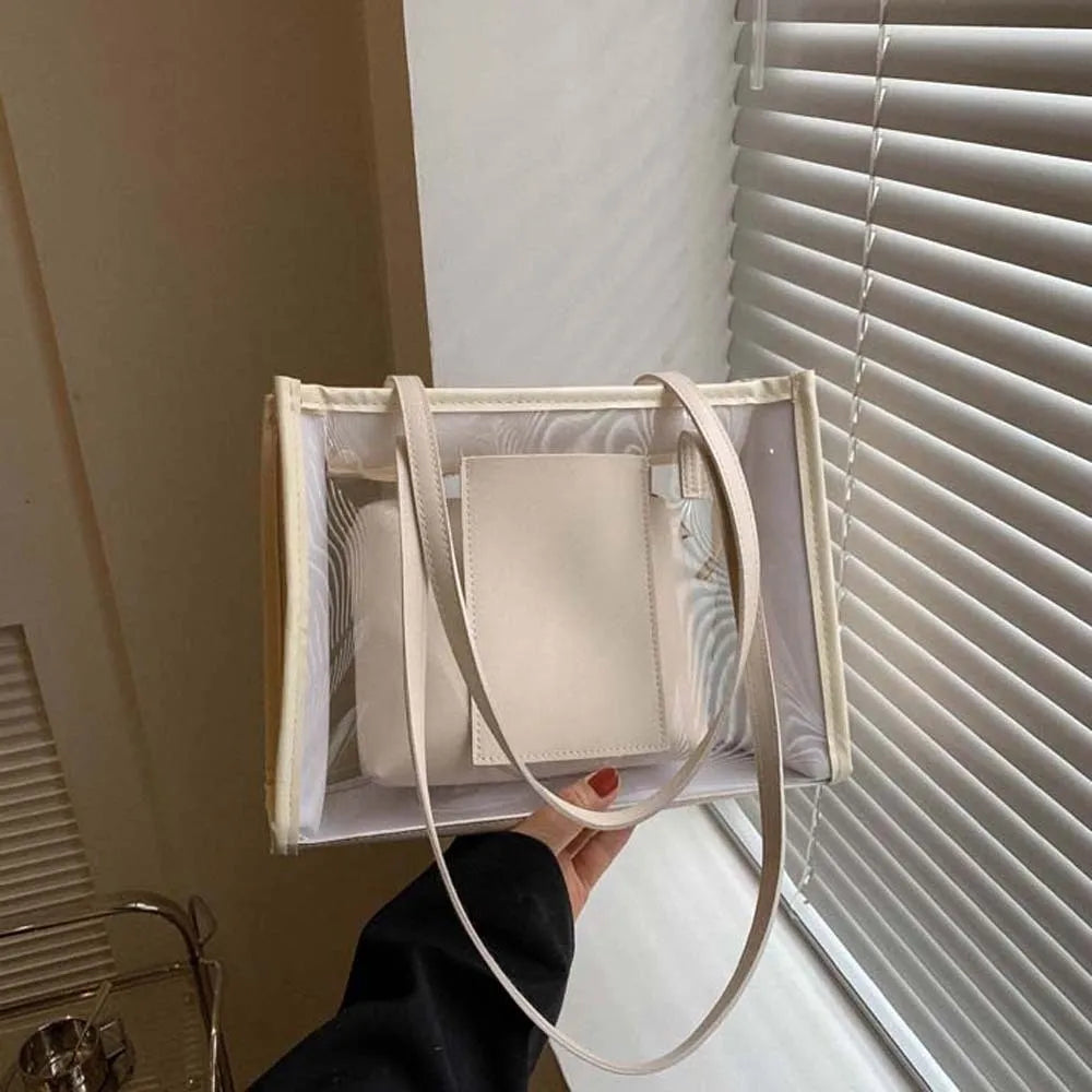 2pcs/set Elegant Transparent Jelly Bag Large Capacity Candy Color PVC Composite Tote Bags Storage Pouch PU Leather Handbag Women