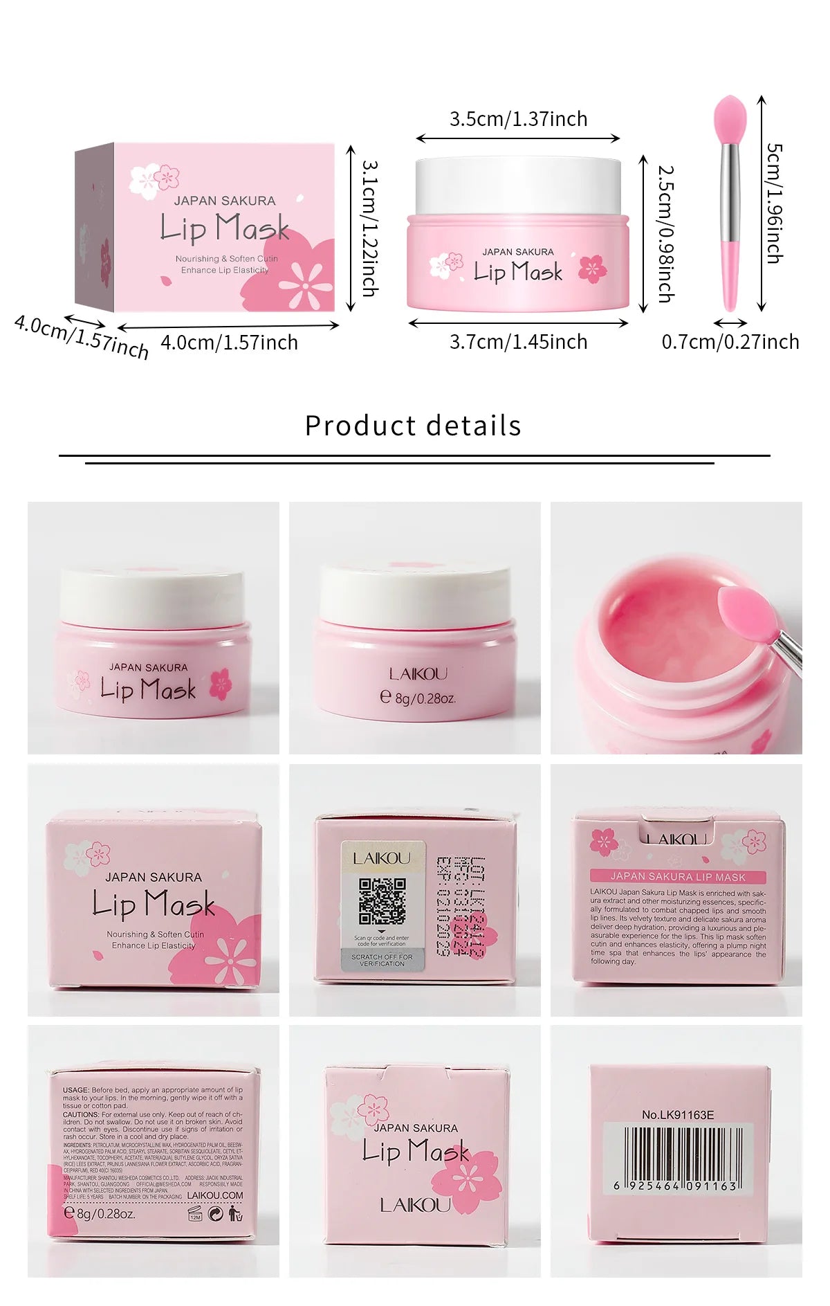 8g LAIKOU Sakura Lip Sleeping Mask Hydrating Moisture Nutriousing Wrinkle Smoothing Dryness Lip Mask Korean Cosmetics Skin Care