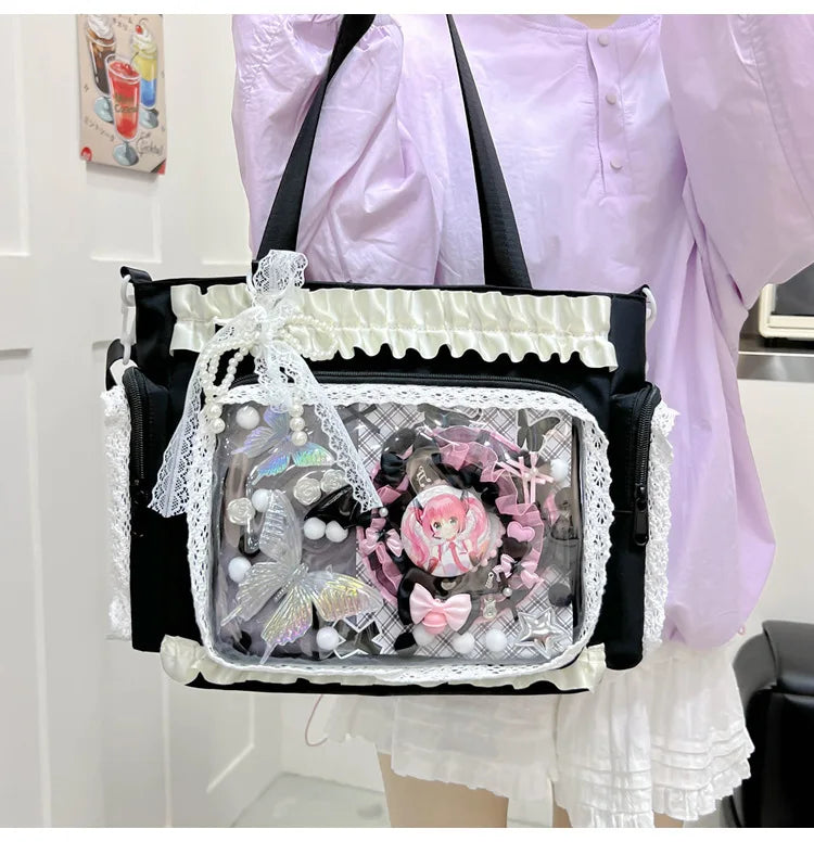 Y2K Sweet Ita Bag for Women Transparent Crossbody Shoulder Bag Large Capacity Lace Tote Bag Cute DIY Display Handbag