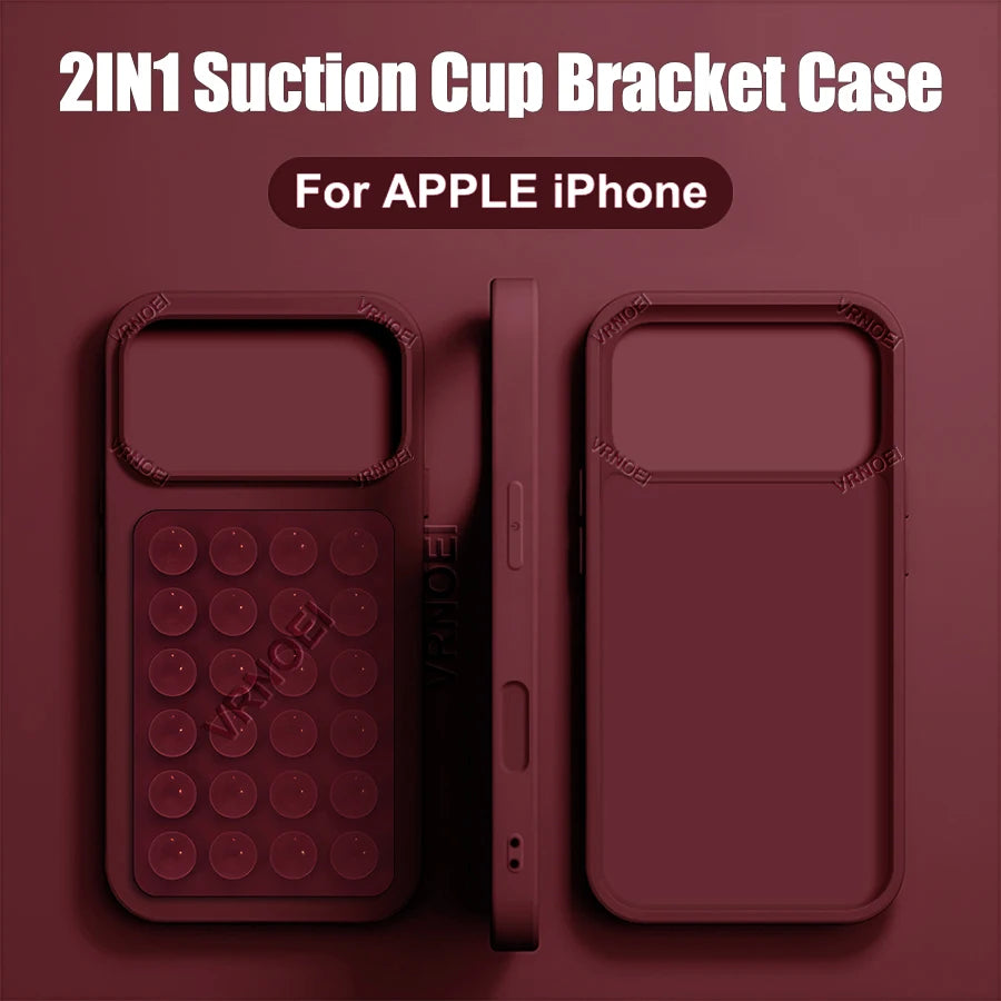 Upgrade 2IN1 Suction Cup Bracket Phone Case For iPhone 16 15 11 12 13 14 17 Pro Max Plus  AIR Cases Shockproof Cover Accessories