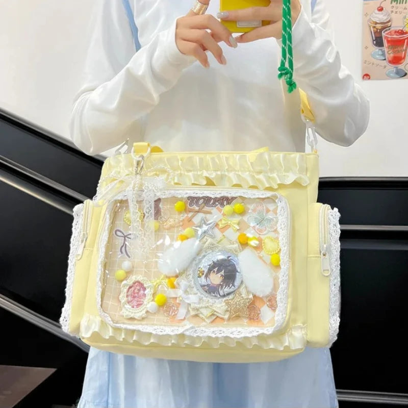 Y2K Sweet Ita Bag for Women Transparent Crossbody Shoulder Bag Large Capacity Lace Tote Bag Cute DIY Display Handbag
