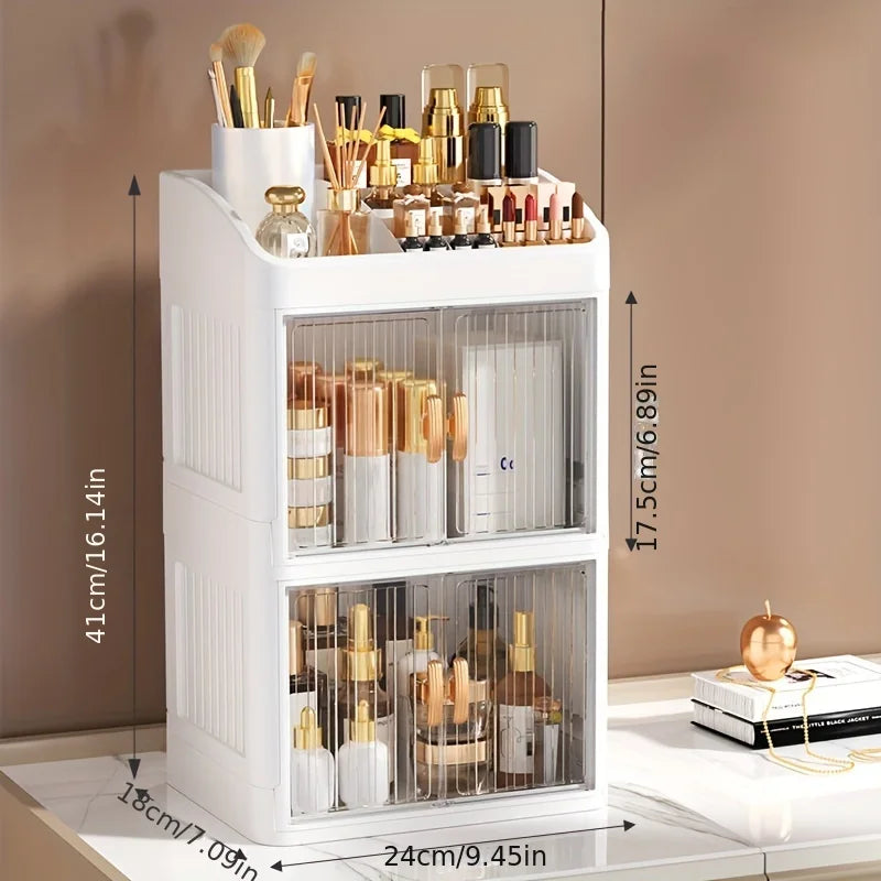 3 to 4-Tier Foldable Makeup Organizer with Drawer Function— Provides Spacious Storage for Cosmetics, Jewelry, Perfume, Lipstick, Makeup Brushes, Stationery, and Bathroom Supplies— Easy to Assemble, Compact Design Suitable