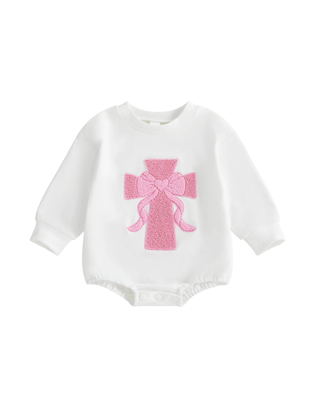 Infant Girl Fall Sweater Jumpsuit with Long Sleeves and O Neckline Adorned with Bow and Cross Embroidery